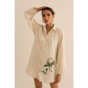 SANA SAFINAZ Cream Floral Linen Button Up Midi Dress   Women's Size Large